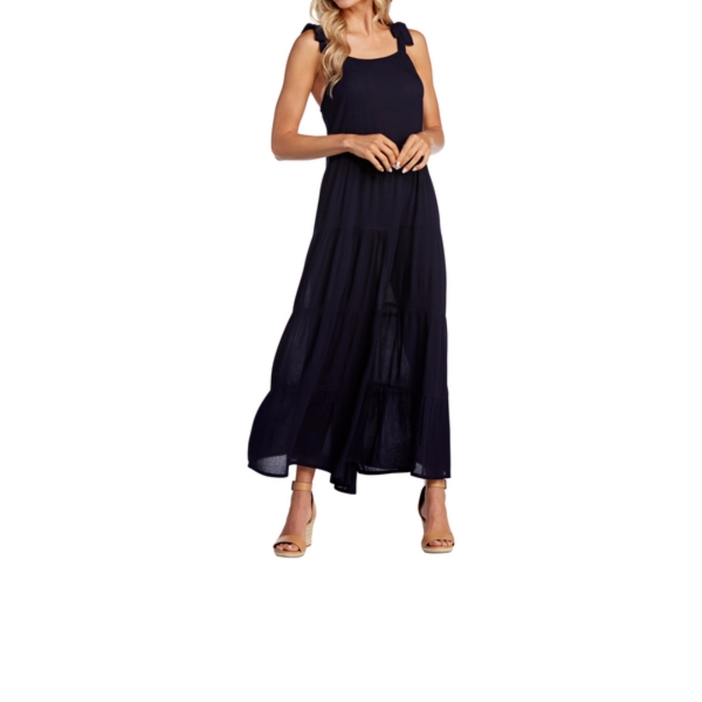 Mud Pie Navy Smocked Tiered Maxi Sz L 100% Viscose